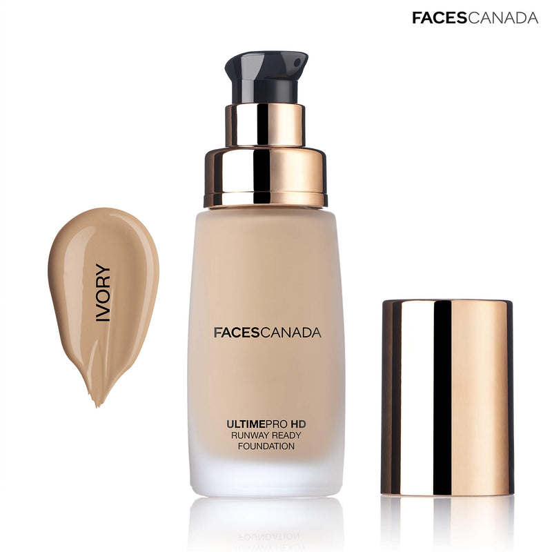 Faces Canada HD Runway Ready Foundation, Red Orange Extract & Gold particles, High Coverage, Oil-Free, Flawless Radiance, Vegan & Cruelty Free, Paraben Free, Ivory 01 (Beige), 1.01 Fl Oz - BeesActive Australia