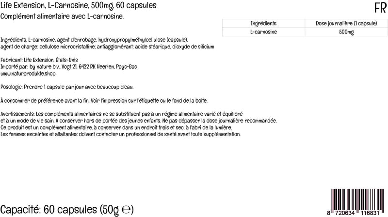 Life Extension, L-Carnosine, 500mg, High dose, 60 Vegan Capsules, Laboratory Tested, Gluten-Free, Vegetarian, Soy-Free, Non-GMO - BeesActive Australia