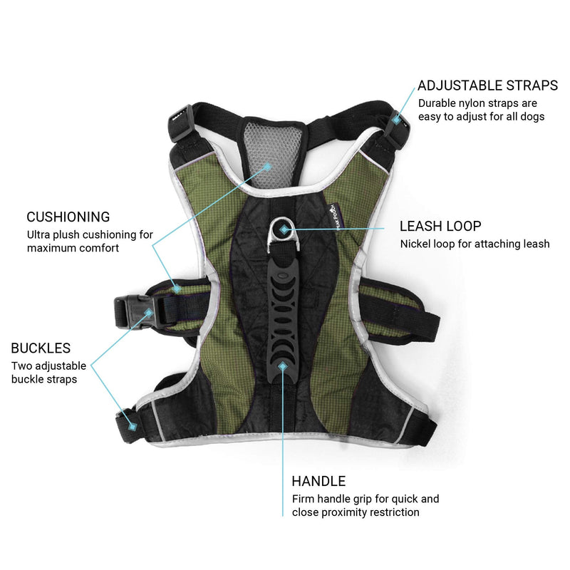 Peak Pooch - No-Pull Dog Harness - Padded Mesh Fabric Dog Vest with Reflective Trim, Lifting Handles, Velcro and Buckle Straps Medium (22" - 31" chest) Hunter Green - BeesActive Australia