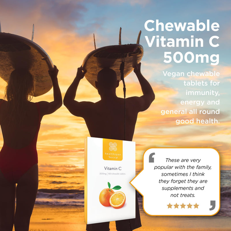 Healthspan Vitamin C 500mg (160 Chewable Tablets) | Supports Immune & Nervous Systems | Boosts Energy Levels & Psychological Function | Added Natural Citrus Bioflavonoids | Free of Aspartame | Vegan - BeesActive Australia