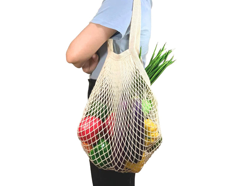 [2 Pack] Premium Mesh Grocery Bags, Reusable Produce Bags, Long Handle Net Tote Bags, 100% Cotton String Bags, Fruit and Vegetable Bags, Beige (Portable/Washable/Durable) - BeesActive Australia