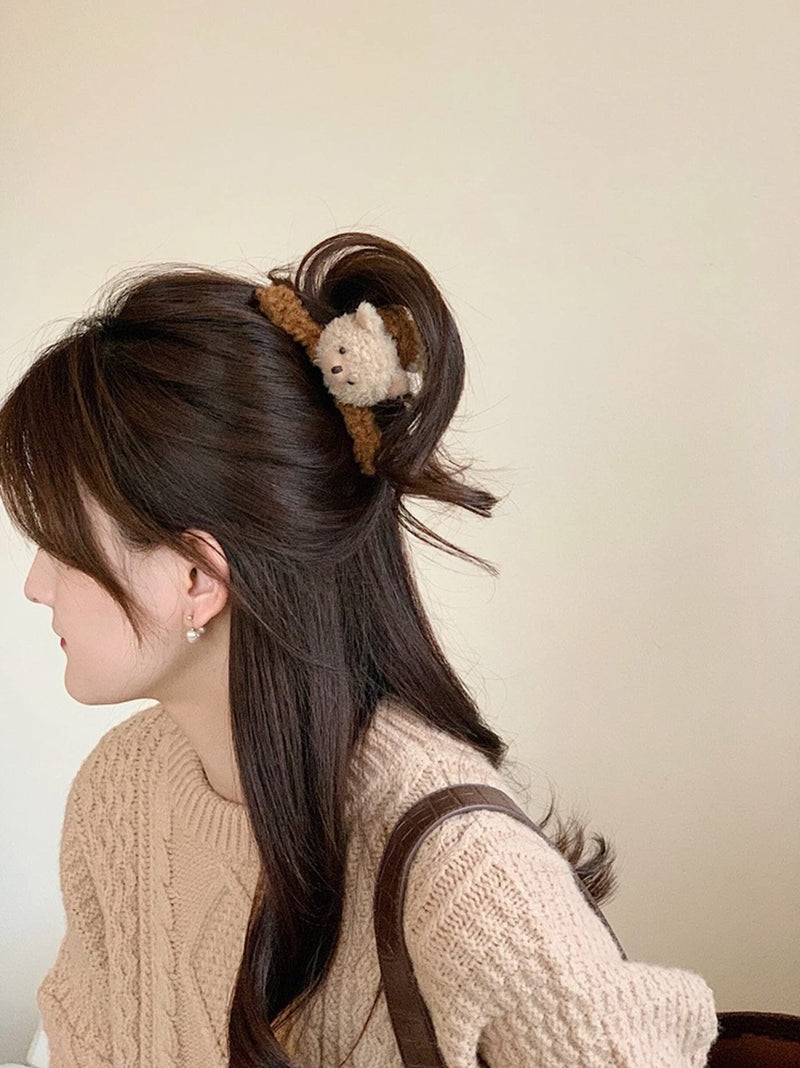 3 Pcs 4.72 Inch Large Hair Claw Clips Cute Fluffy Plush Bear Hair Catch Barrette Jaw Clamp for Women Girls Strong Hold Half Bun Hairpins for Thick Thin Hair Stylish Curly Hair Accessories - BeesActive Australia