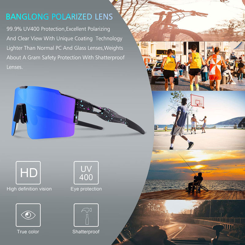 BangLong Cycling Sunglasses Polarized Sports Glasses for Men Women with 3 Interchangeable Lenses for Running Baseball Glasses Black Blue - BeesActive Australia