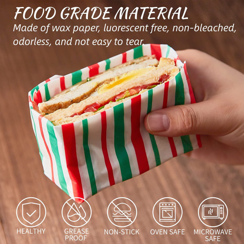 Zezzxu 100 Sheets Christmas Wax Paper - 8.5" × 9.8" Xmas Food Parchment Paper Grease Proof Deli Basket Liners for Wrapping Cookies, Goodies, Sandwich Xmas Stripe Pattern - BeesActive Australia