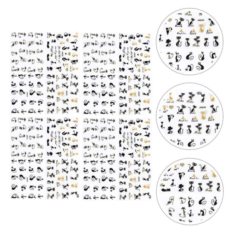 LEORX 16 Sheets Cat Nail Sticker 3D Black and Gold Cat Nail Decals Self-Adhesive Nail Art Decoration for Ladies (Random Style) - BeesActive Australia