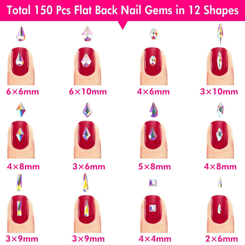 Rhinestones for Nails, Thrilez 150 Pcs Multi Shapes Nail Rhinestones Nail Gems Nail Jewels with 1728 Pcs Crystal AB Rhinestones Diamonds for Nail Art Craft, Acrylic Nails - BeesActive Australia