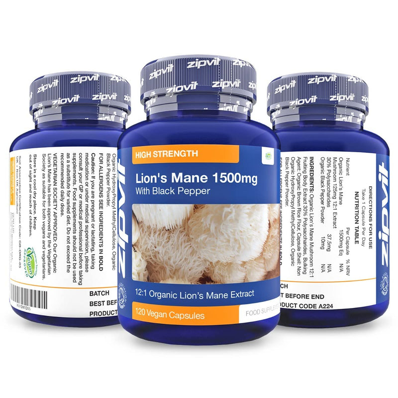 Organic Lions Mane Capsules 1500mg - 120 Vegan Lions Mane Supplement Capsules. Lions Mane Mushroom with Organic Black Pepper For Focus - BeesActive Australia
