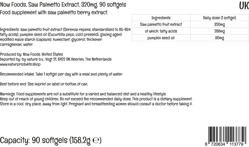 Now Foods, Saw Palmetto Extract, 320mg, with Pumpkin Seed Oil, 90 Vegan Capsules, Lab-Tested, Soy Free, Gluten Free, Non-GMO - BeesActive Australia