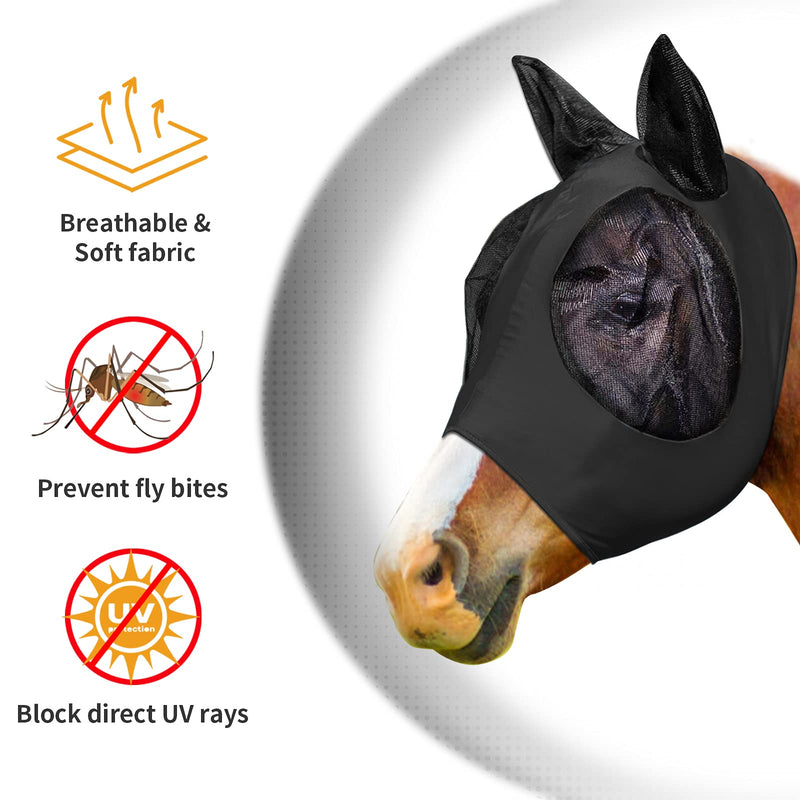 2 Pieces Horse Fly Mask, Horses Mask with Ears and Long Nose Protection, Smooth & Elasticity Lycra Fine Mesh Horse Head Cover with UV Protection Black,Gray L - BeesActive Australia