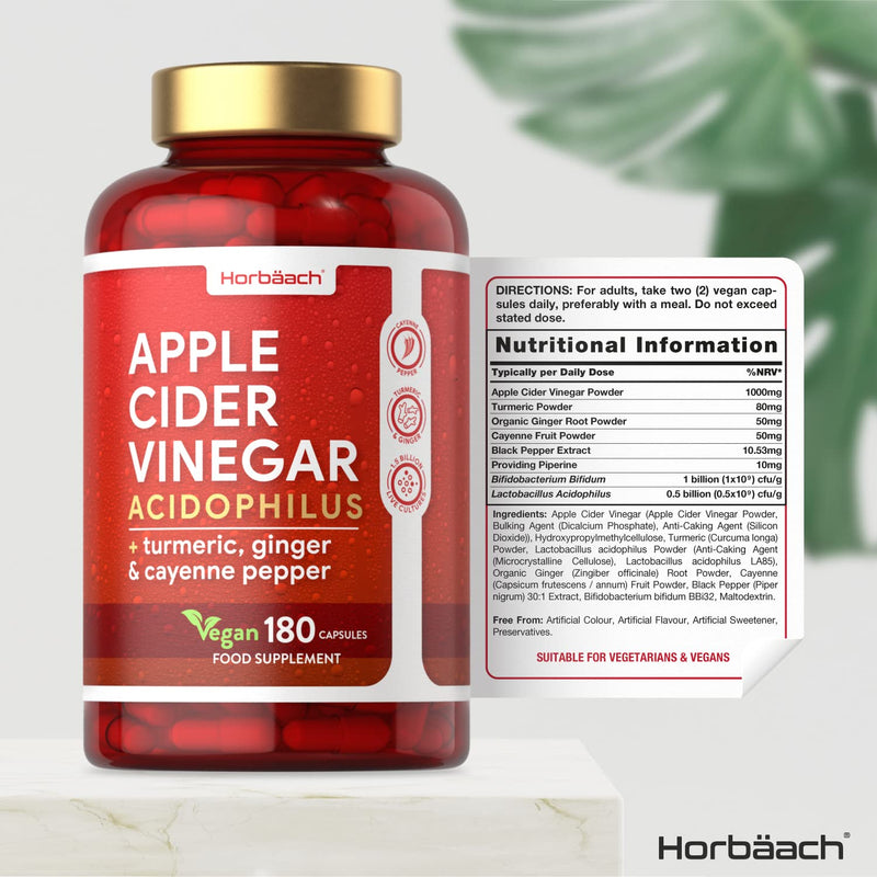 Apple Cider Vinegar Capsules | 1000mg | 180 Count | High Strength Complex with Probiotics | Vegan Supplement | by Horbaach - BeesActive Australia