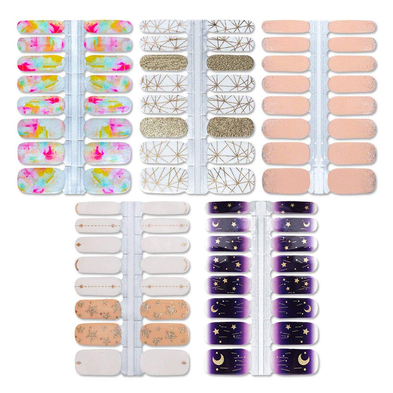 WOKOTO 5 Sheets Glitter Adhesive Nail Art Polish Stickers Tips With 1Pc Nail File Star Full Wraps Nail Decals Strips Set Manicure Accessories KIT3 - BeesActive Australia