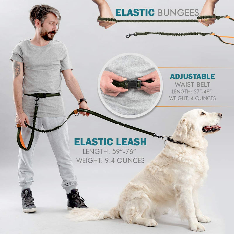 Hands Free Dog Leash for Running | Waist Leash for Walking, Hiking, Cycling and Training w. Adjustable Belt and Retractable Bungee Leash for Medium and Large Pet | Professional Lead Walker Harness Khaki & Orange Large Dog (35-150 lbs) - BeesActive Australia