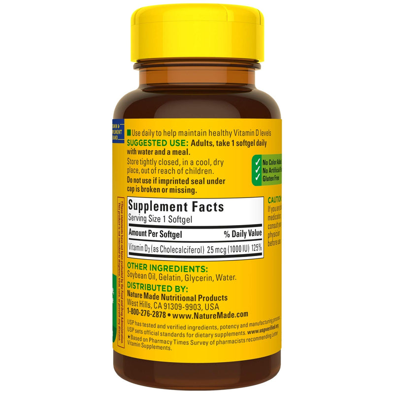 Nature Made Vitamin D3, 100 Softgels, Vitamin D 1000 IU (25 mcg) Helps Support Immune Health, Strong Bones and Teeth, & Muscle Function, 125% of the Daily Value for Vitamin D in One Daily Softgel - BeesActive Australia