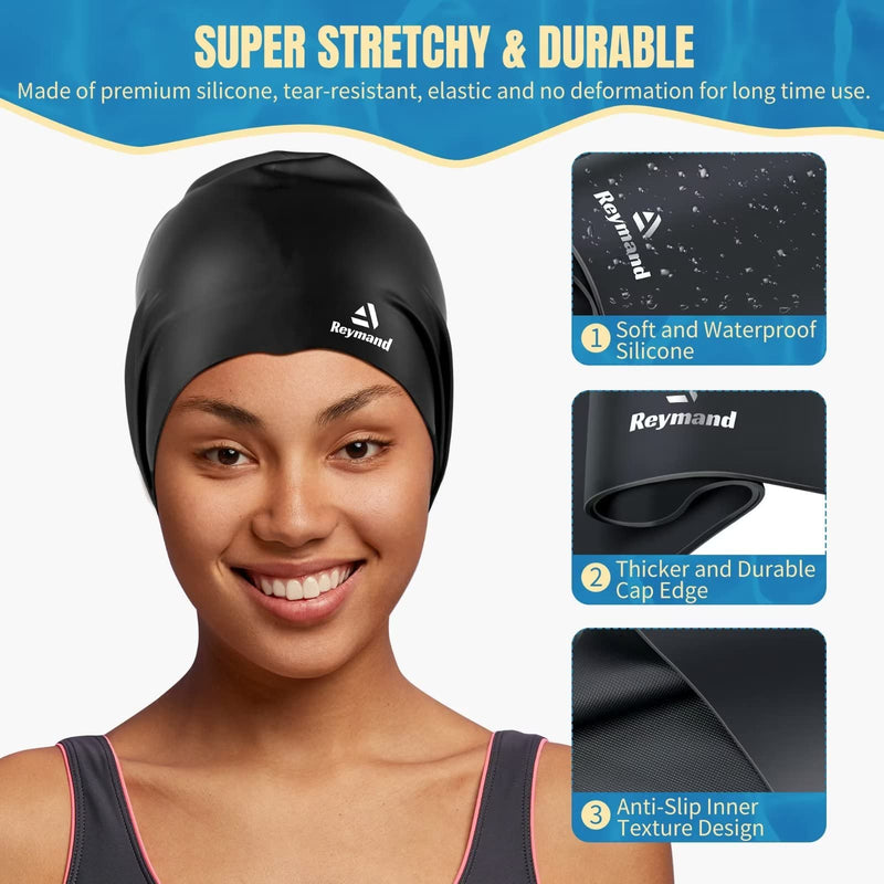 2 Pack Extra Large Swim Cap for Braids and Dreadlocks, Silicone Swimming Caps for Long Hair, Weaves, Extensions, Curls & Afros, Waterproof Adult Swim Hats Bathing Caps for Women Men Black+Rose Red - BeesActive Australia