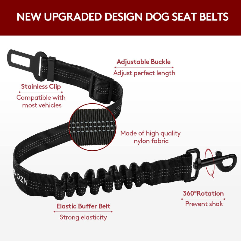 Nzonpet Dog Seat Belt, Retractable Dog Car Seatbelts, Safety Dog Seat Car Harness for Car Travel, Reflective Heavy Duty Pet Seat Belts w/ Stainless Hook and Elastic Bungee Buffer Black - BeesActive Australia