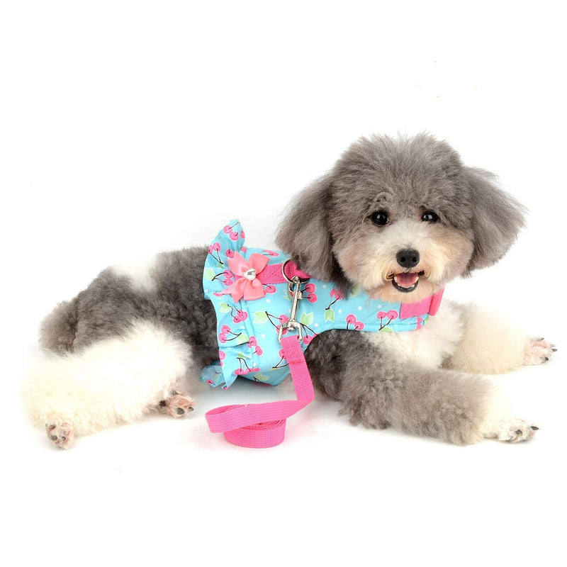 SMALLLEE_LUCKY_STORE Bow Flower Striped Print Cat Small Dog Harness Dress with Leash for Girls Adjustable No Pull Escape Proof Soft Walking Jacket Waterproof Puppies Kitten Harness Vest Outdoor M(chest 16.5-17.5 Inch) blue cherry - BeesActive Australia