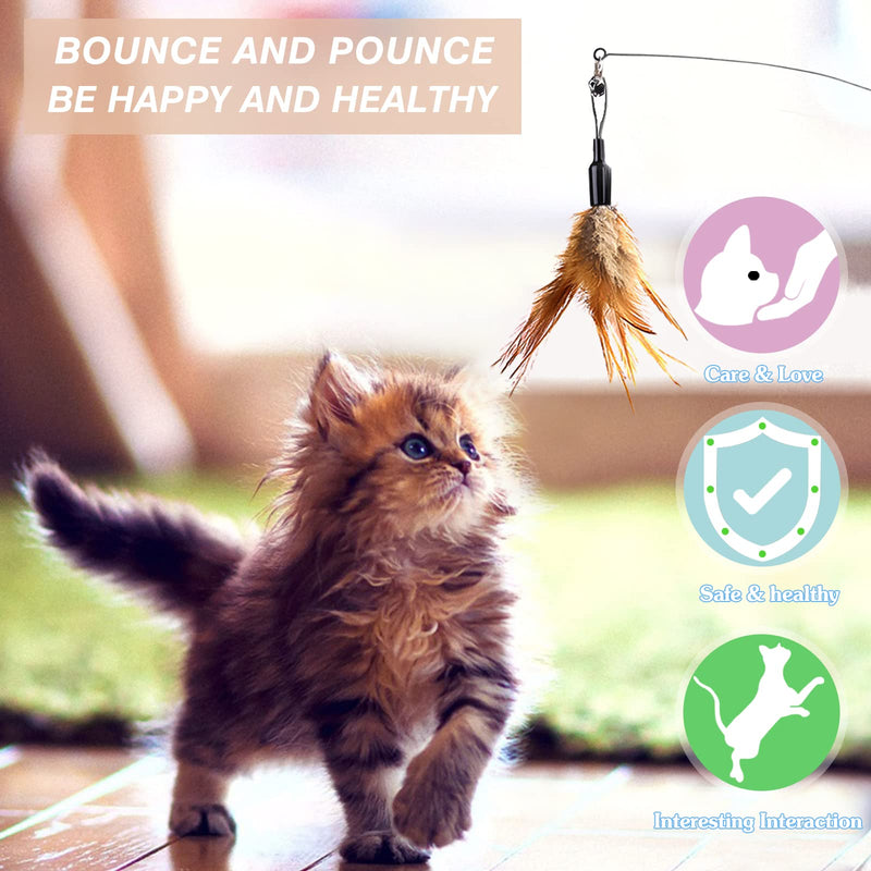 Pawaboo Feather Teaser Cat Toy, Interactive Feather Wand Cat Toy Flying Feather Cat Catcher with Extra Long 34.5" Wand and Small Bell, Fun Exerciser Playing Toy for Kitten or cat Brown - BeesActive Australia