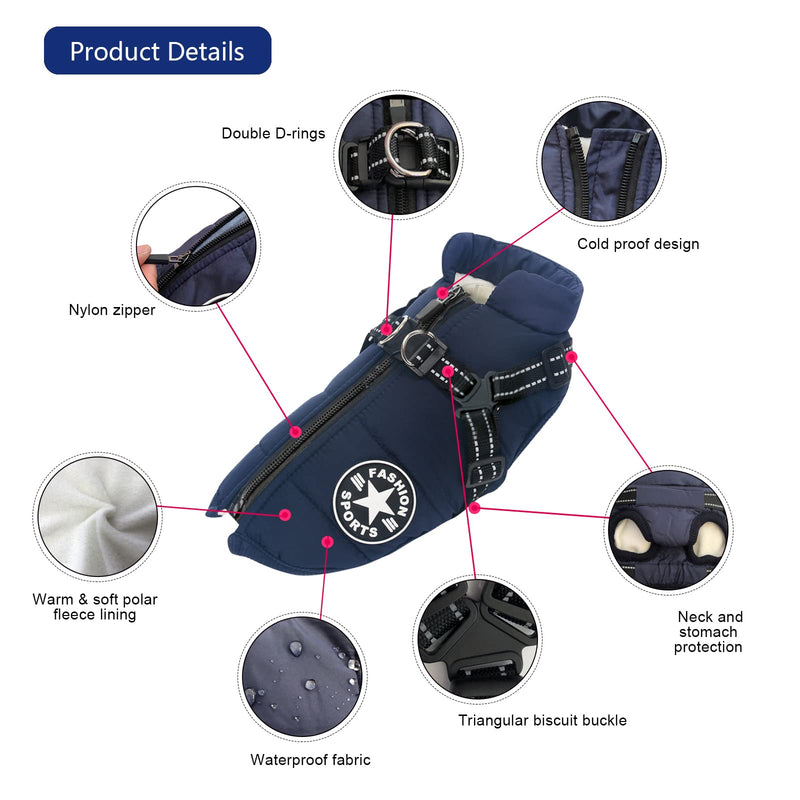 AIMYDOG Warm Dog Winter Coat Cozy Waterproof Windproof Dog Outdoor Jacket, Adjustable Pet Vest with Harness & D Rings, Thick Polar Fleece Lining, Reflective Dog Apparel for Small Medium Large Dogs Blue - BeesActive Australia