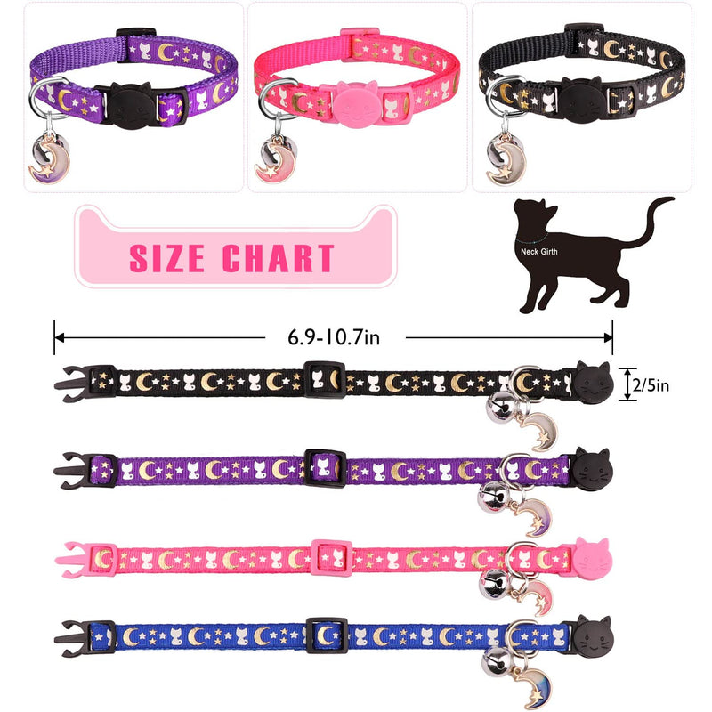 Hinialver 4 PCS Cat Collars with Bell Breakaway Gold Moons and Stars Adjustable Safety Kitten Collars with Charm Glow in The Dark - BeesActive Australia