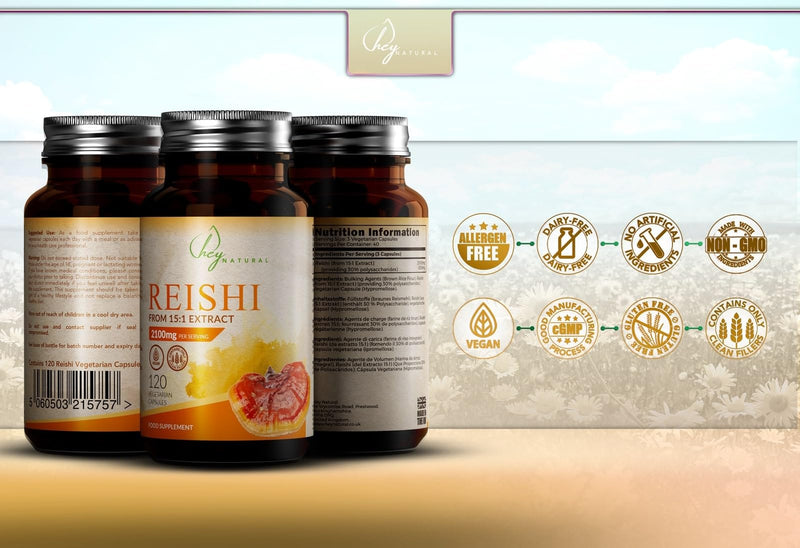 HN Reishi Mushroom Capsules | 120 High Strength Vegan Reishi Mushroom Capsules - 2100mg (15:1 Extract) Mushroom per Serving | Nootropics Mushroom Complex | Non-GMO & Allergen Free | Made in the UK - BeesActive Australia
