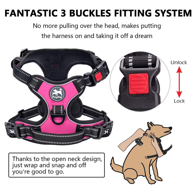 PoyPet No Pull Dog Harness, No Choke Front Lead Dog Reflective Harness, Adjustable Soft Padded Pet Vest with Easy Control Handle for Small to Large Dogs Medium Pink - BeesActive Australia