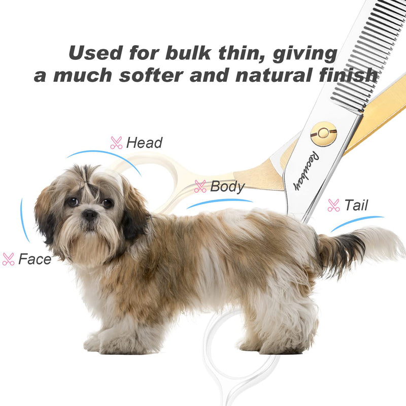 Recubay Dog Cat Scissors for Grooming, Pet Shears for Thick Coats and Matted Hair, Thinner Curved Straight Chunker Stainless Steel Shears 7" Thinner Gold - BeesActive Australia