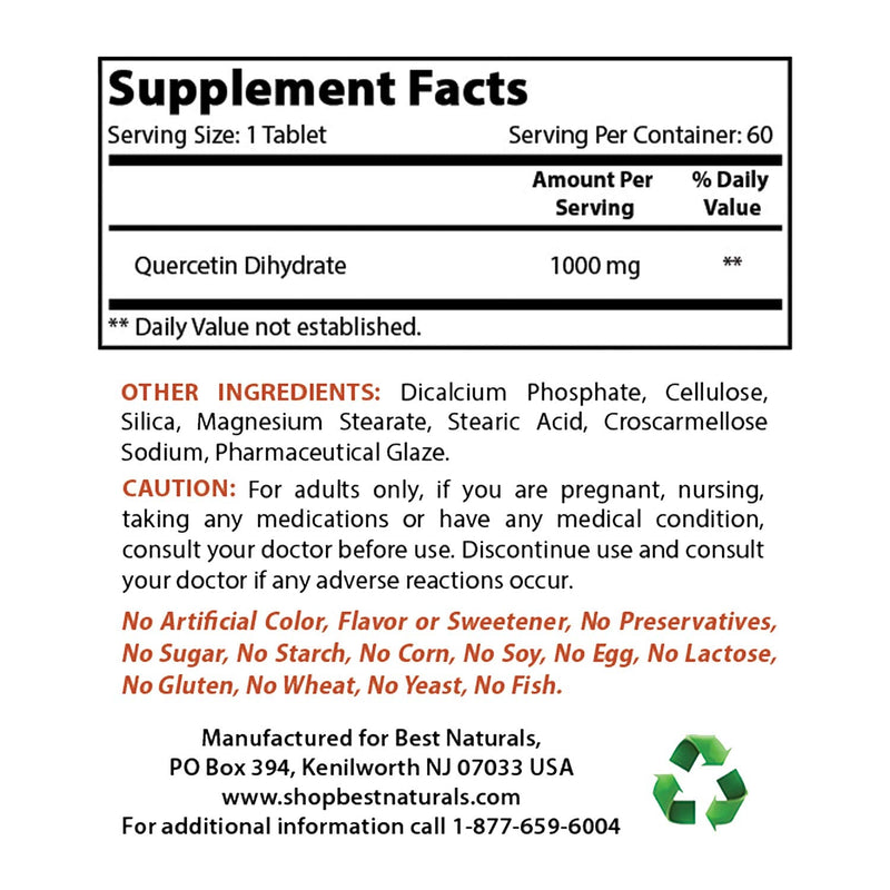 Best Naturals Quercetin 1000 mg Tablet - Immune Health - 60 Count (60 Count (Pack of 1)) 60 Count (Pack of 1) - BeesActive Australia
