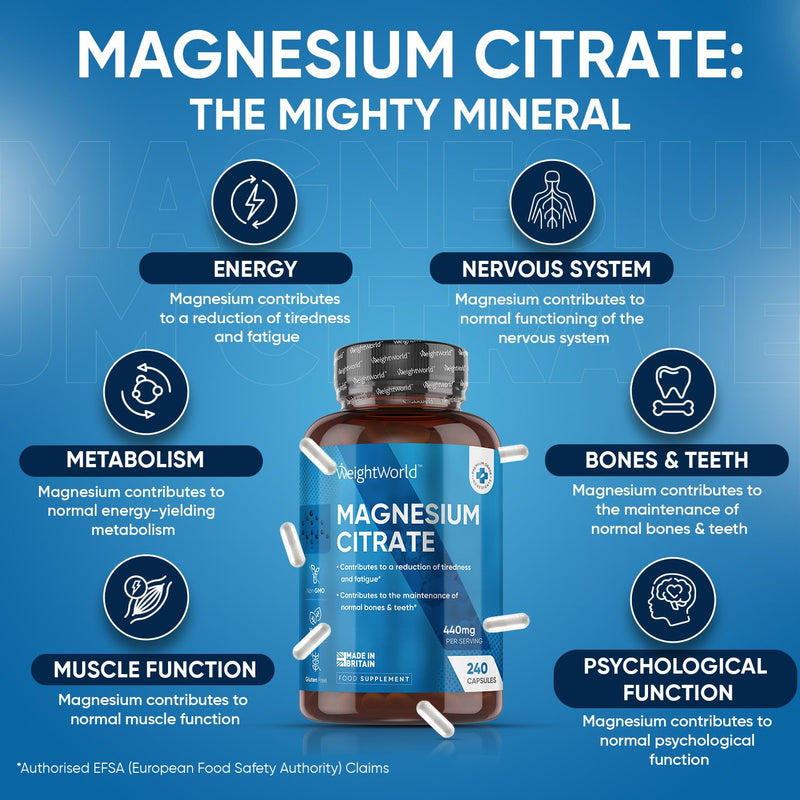 High Strength Magnesium Supplements - 240 Vegan Magnesium Citrate Capsules 1480mg - Providing 440mg High Absorption Elemental Magnesium - 4 Months Supply - Not Magnesium Tablets - Made in The UK - BeesActive Australia