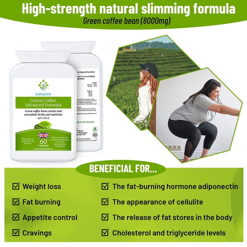 Green Coffee Advanced Formula - 50% Chlorogenic Acid CGA with Cinnamon, Cayenne, Iodine and Chromium - 60 Capsules, Beneficial for Weight Loss, Appetite Control, Energy Level - BeesActive Australia