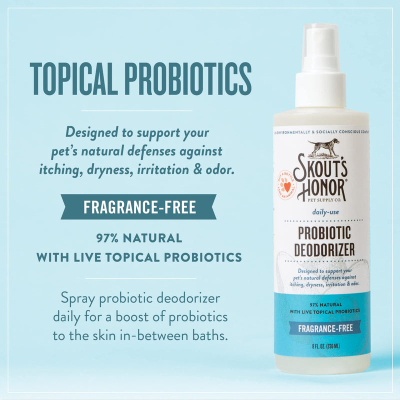 SKOUT'S HONOR: Probiotic Deodorizer - 8 fl. oz. - Hydrates and Deodorizes Fur, Supports Pet’s Natural Defenses, PH-Balanced and Sulfate Free - Avocado Oil - BeesActive Australia