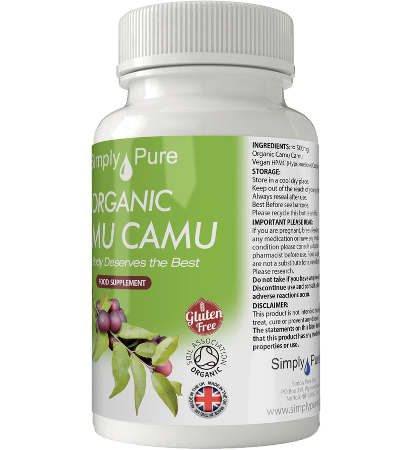 Simply Pure Organic Camu Camu Capsules x 90, 500mg, 100% Natural Soil Association Certified, Gluten Free, GM Free and Vegan. - BeesActive Australia