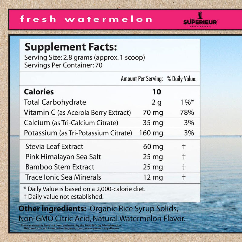 Superieur Electrolytes – Plant Based Electrolyte Supplement w/Sea Minerals for Hydration & Recovery – Keto Friendly, Non-GMO, Zero Sugar, Vegan Healthy Sports Drink Powder – Watermelon (70 Servings) - BeesActive Australia