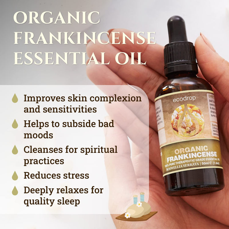 Ecodrop Frankincense Essential Oil I 50ml I Cosmos Certified Organic and 100% Pure Essential Oils I Top Therapeutic Grade for Aromatherapy I Use for Massage, Diffusers & Bat Organic Frankincense - BeesActive Australia