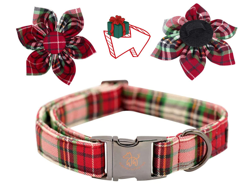 Elegant little tail Flower Girl Dog Collar for Female Dogs, Pet Collar Adjustable Dog Collars with Flower Gift for Small Medium Large Dogs Collar&Flower-S Christmas Plaid - BeesActive Australia