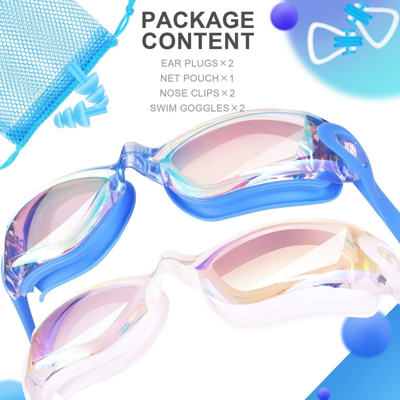 Elimoons Swim Goggles for Men Women, Swimming Goggles Anti Fog UV Protection, 2 Pack B. Ultra Mirrored Blue+ Ultra Mirrored White - BeesActive Australia