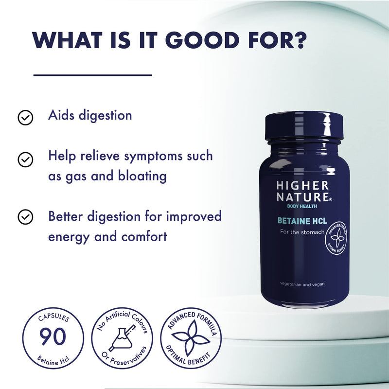 Higher Nature - Betaine HCL - for Healthy Digestion - Betaine Hydrochloride Capsules - Vegetarian & Vegan - 90 Capsules - BeesActive Australia