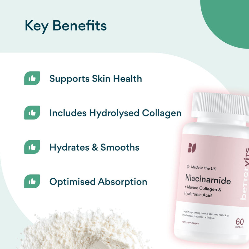 BetterVits Niacinamide Complex | Full Skin Coverage | Hair & Nails | Smooths & Hydrates | with Marine Collagen & Hyaluronic Acid - BeesActive Australia