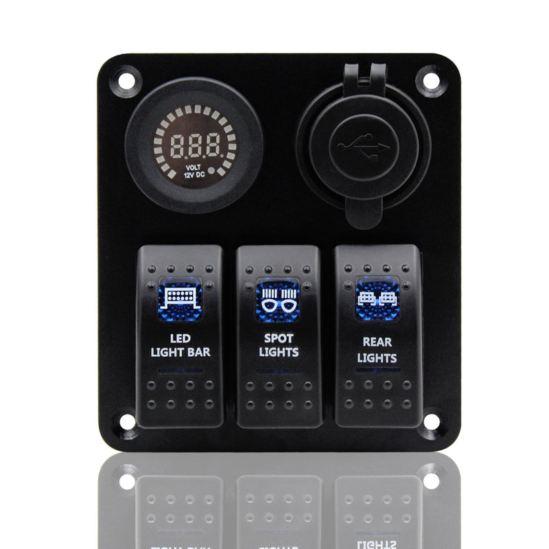 [AUSTRALIA] - Switch Panel, FABOOD 3 Gang Waterproof Rocker Switches Panel with DC 12V Digital Voltmeter / 3.1A Dual USB and 3 LED Lights Switchs for Marine Boat Car RV 