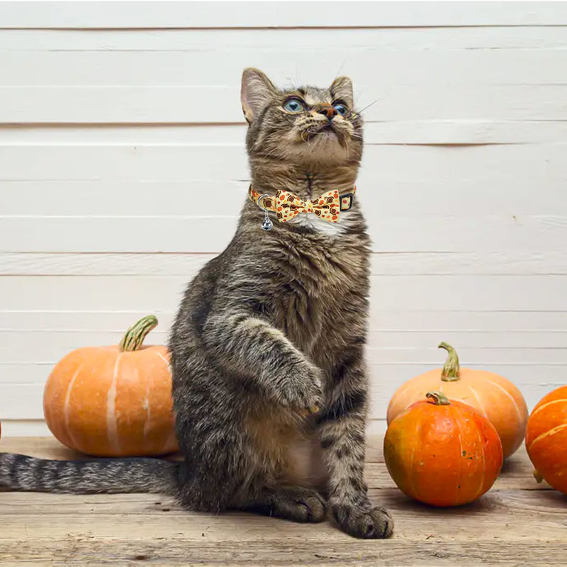 Thanksgiving Breakaway Cat Bowtie Collar with Bell Turkey Printing Plaid Cute Fall Kitten Accessories for Cat Puppy, Pack of 2 Turkey & Plaid - BeesActive Australia
