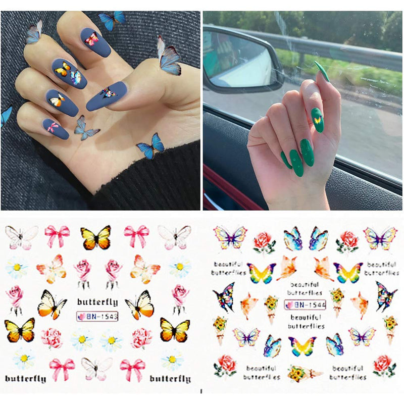 ACEDICHY Butterfly Nail Art Stickers Water Transfer Nail Decals for Acrylic Nails Decoration Flowers Butterfly Design Nail Art Manicure Tips Accessories DIY Nail Supplies(12 Pcs) - BeesActive Australia