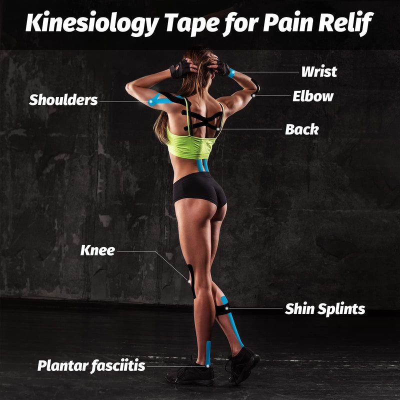 Kinesiology Tape Precut 2 Rolls, Elastic Kinesiology Therapeutic Tape for Physical Therapy, Sports and Injury Recovery, Athletic Sports Tape for Knee, Ankle & Shoulder (2 x 20 Strips) Blue + Black Precut(black+blue) - BeesActive Australia