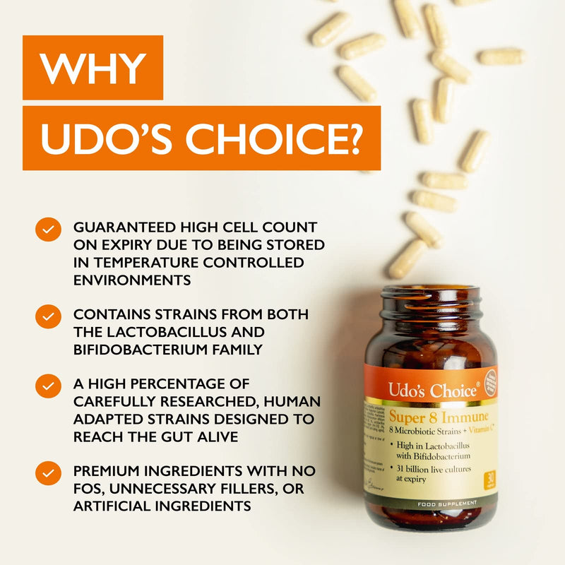 Udo's Choice Super 8 Immune - Hi Count Microbiotics with Vitamin C - Supports Bowels and Digestive Health, One a Day Probiotics, 42 Billion Cell Count -8 Microbiotic Strains - 30 Capsules 30 Count (Pack of 1) - BeesActive Australia