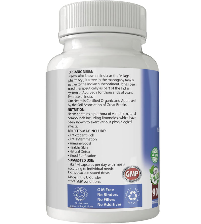 Simply Pure Organic Vegan Neem Capsules x 90, 500mg, 100% Natural Soil Association Certified, Gluten Free and GM Free. - BeesActive Australia