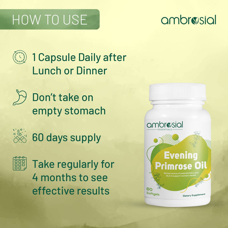 Ambrosial Evening Primrose Oil 1000mg (EPO) | Cold Pressed Evening Primrose Oil Capsules | Rich Source of Omega 6 Fatty Acids & GLA | High Strength Evening Primrose Capsules (Pack of 1-60 Softgels) 60 count (Pack of 1) - BeesActive Australia