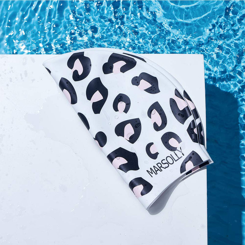 Marsolly Swim Cap Women, Silicone Swimming Cap for Long Hair with Leopard Printed White - BeesActive Australia
