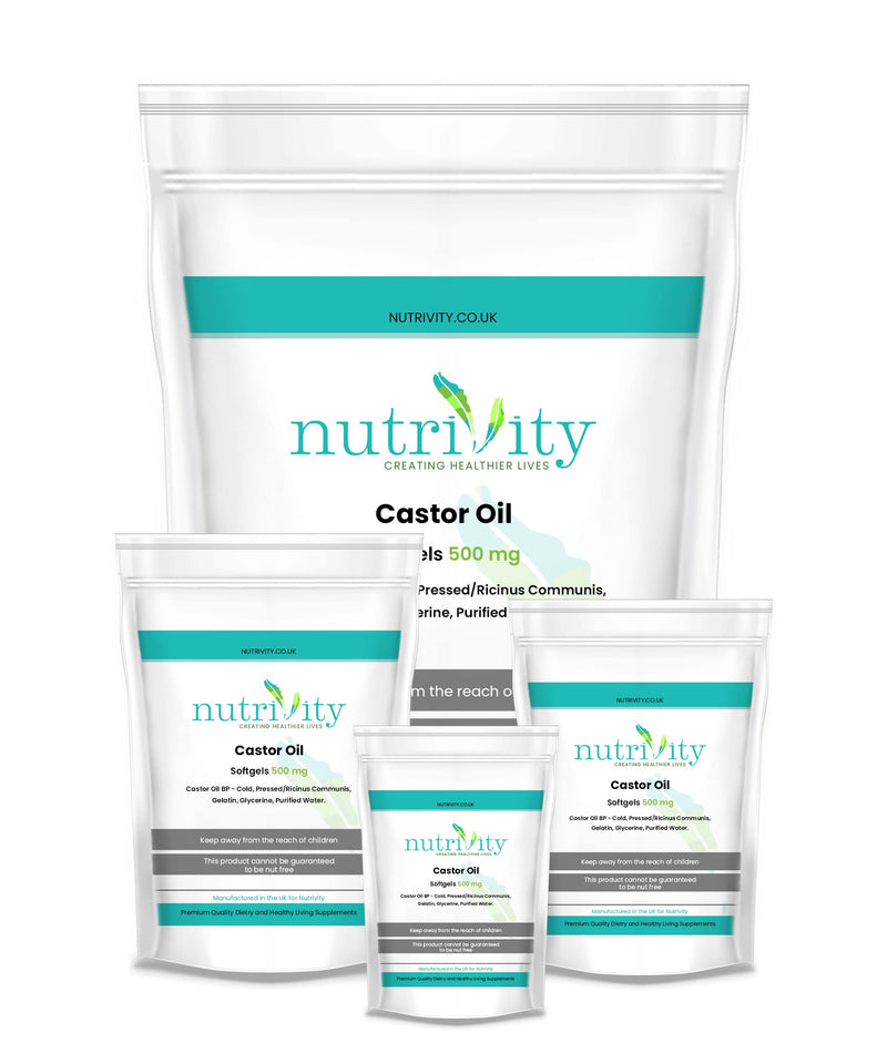 Castor Oil 500mg Soft Gels | Intestinal Help | Constipation Relief | Healthy Hair & Skin | Made in The UK to GMP Standards by Nutrivity (60) 60 - BeesActive Australia