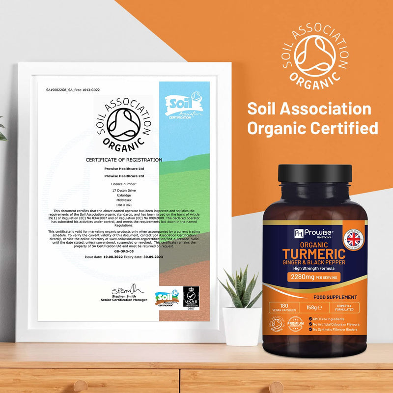 Organic Turmeric 2280mg (High Strength) with Black Pepper & Ginger - 180 Vegan Turmeric Capsules with Active Ingredient Curcumin I Soil Association Approved I UK Made by Prowise Healthcare - BeesActive Australia