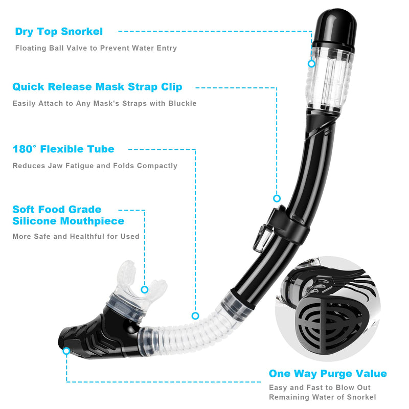 Snorkel Set, Zipoute Snorkel Dry Top Snorkeling Gear for Adults, Panoramic Anti-Leak and Anti-Fog Tempered Glass Lens, Adults Adjustable Snorkeling Set, Scuba Diving Swimming Training Snorkel Kit Black - BeesActive Australia