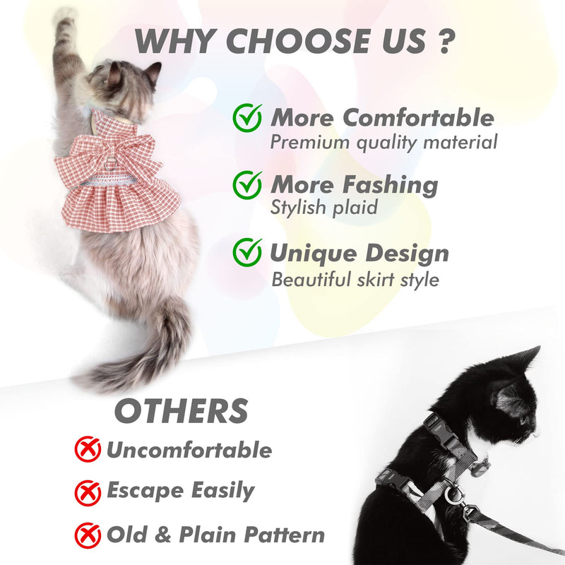 Kaqipeet Cat Harness and Leash Set for Walking Escape Proof, Kitten Harness with Bowtie Plaid JK Skirt for Cats, Lifetime Replacement Small Pink Plaid - BeesActive Australia