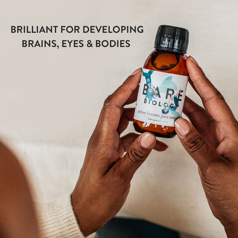 Bare Biology Action Heroes Pure Omega 3 Fish Oil Daily Liquid - Optimum Support for Brain Function & Eyes - from 6 Months Old - Super Strength/Made from Sustainably Sourced Fish (100ml) - BeesActive Australia